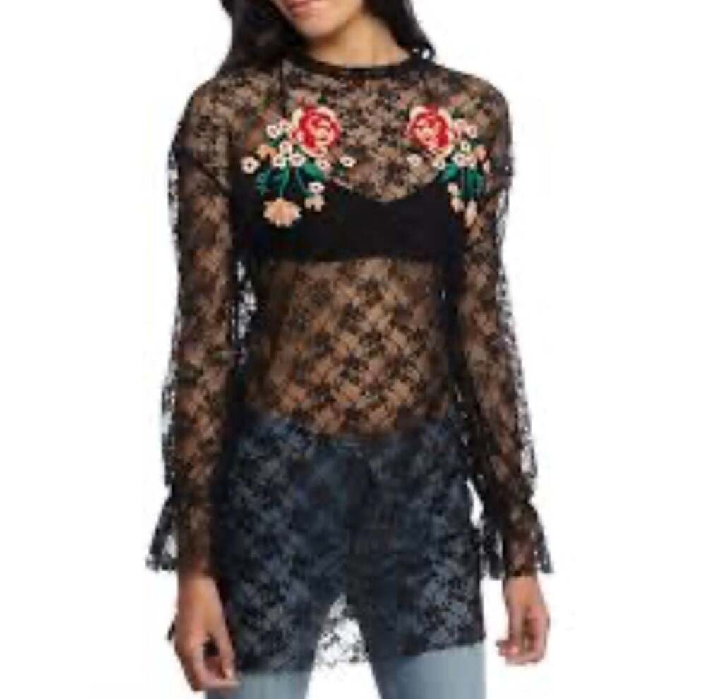 Free People Black Sheer Lace Floral Embroidered Long Sleeve Tunic Top